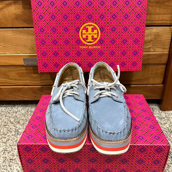 Tory Burch Joey Platform Boat Shoes Nubuck Blue Leather NEW in Box Women's 9.5 - Picture 6 of 14